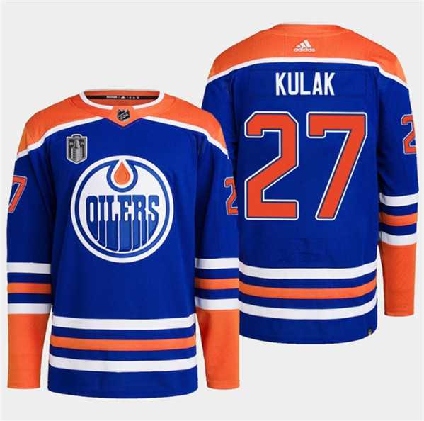 Mens Edmonton Oilers #27 Brett Kulak Royal 2024 Stanley Cup Final Patch Stitched Jersey Dzhi